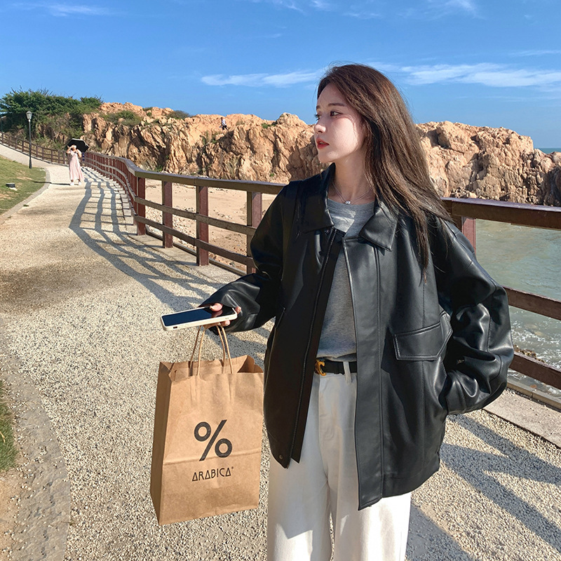 黑色pu皮衣外套女2025年秋宽松美式复古皮夹克小个子气质短款上衣|undefined