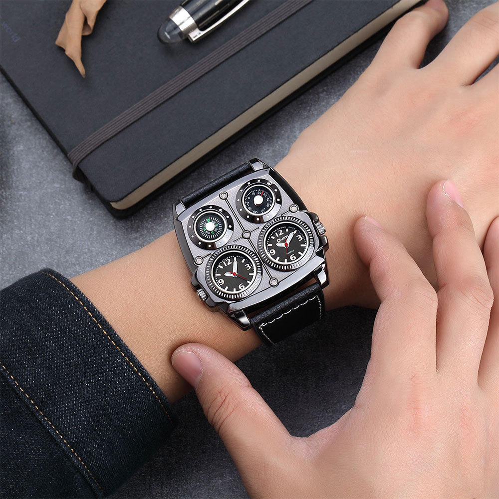 Oulm gran dial de moda casual reloj de los hombres gran dial doble zona horaria brújula decoración de los hombres reloj de cuarzo 1140 image 4
