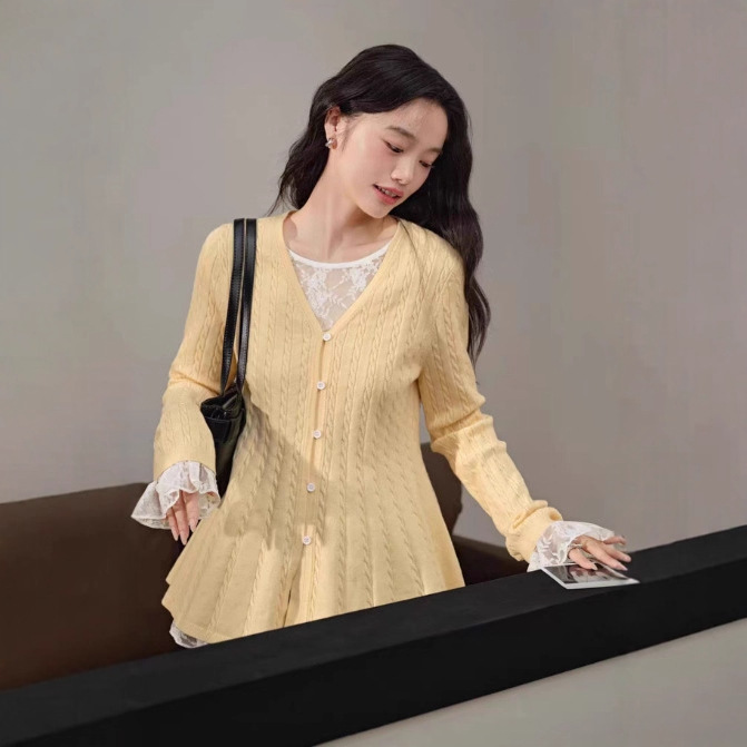 Sweater Cardigan Lace Shirt Two-Piece Suit 25 Early Autum New Women's Layered Top Ksa2507005