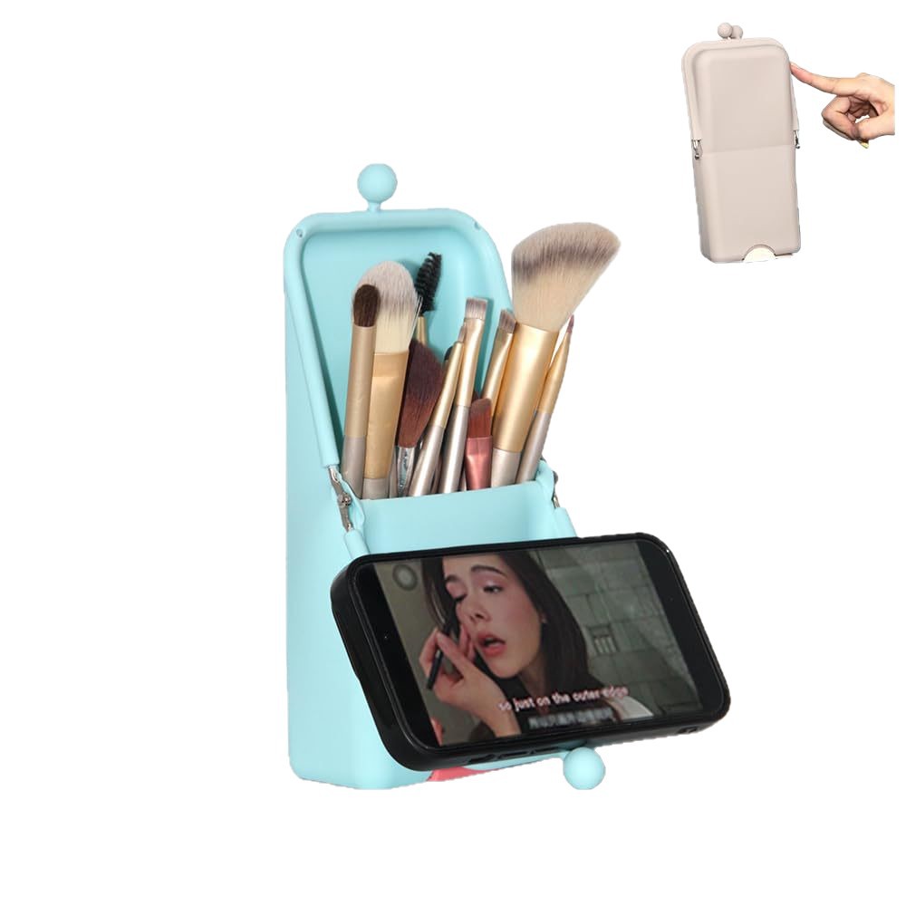 Amazon nuevo producto de silicona maquillaje cepillo bolsa de almacenamiento soporte de teléfono móvil 2 en 1 bolsa de almacenamiento de maquillaje impermeable de viaje