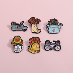 跨境創意鮮花小車造型合金胸針配飾小眾花朵烤漆徽章可愛鮮花配飾