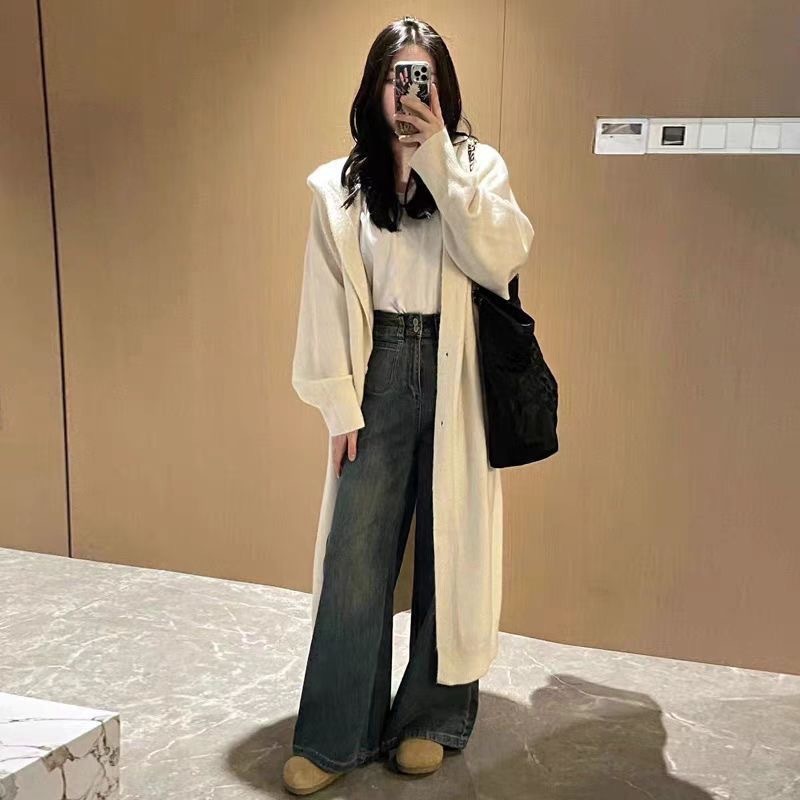 大码美拉德穿搭中长款毛衣开衫外套秋冬慵懒风连帽针织衫上衣|undefined