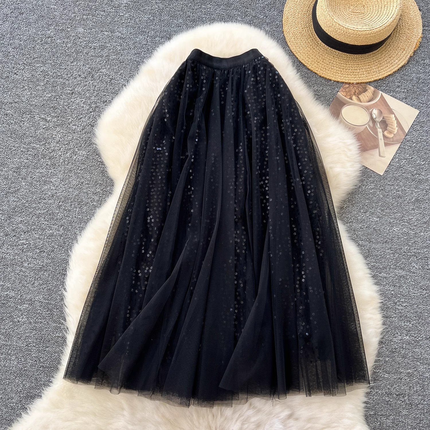 Women's Clothing Fairy Mesh Skirt Winter Elastic Waist Slimming Medium Sequin Velvet Splicing A Line Skirt_voghion.com