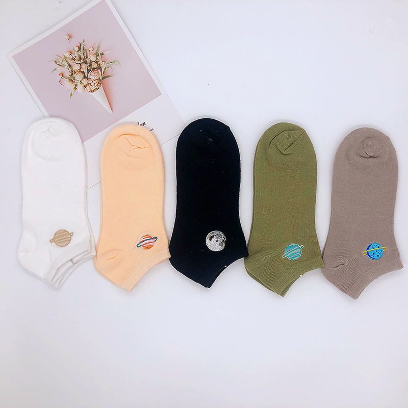 Spring and Summer New Women's Socks, Planet and Universe Embroidered Cotton Short Socks, Trendy Ins Socks, Creative and Interesting Socks