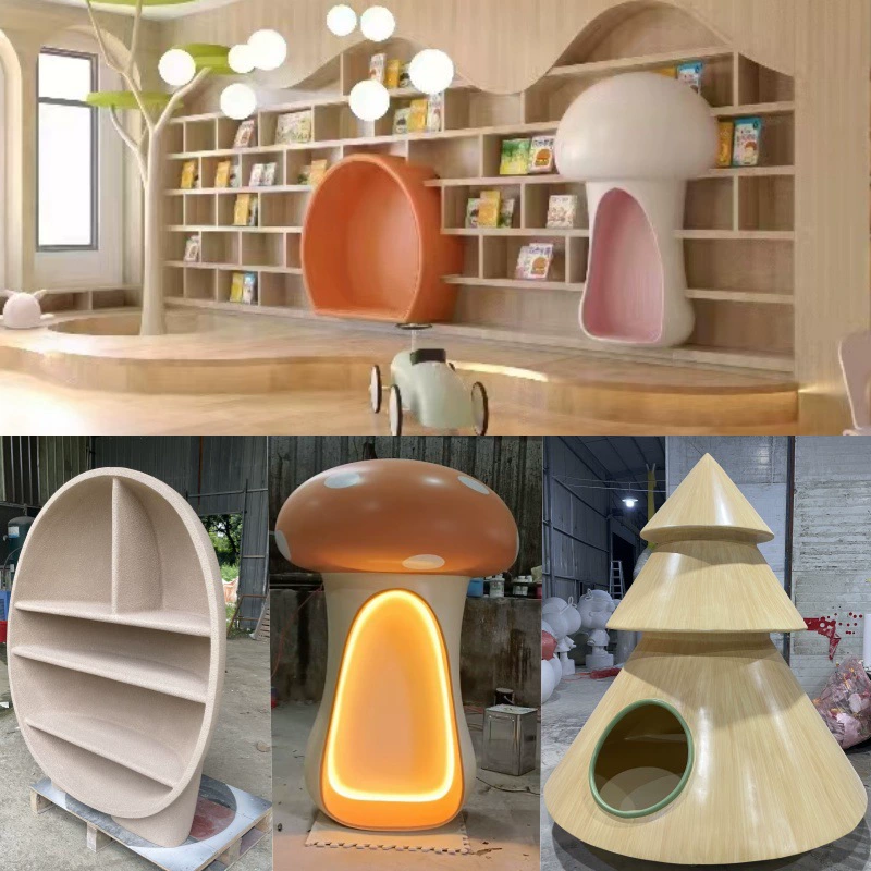 Большая скульптура в форме гриба для детского сада, комбинированная книжная полка с горкой для игр детей