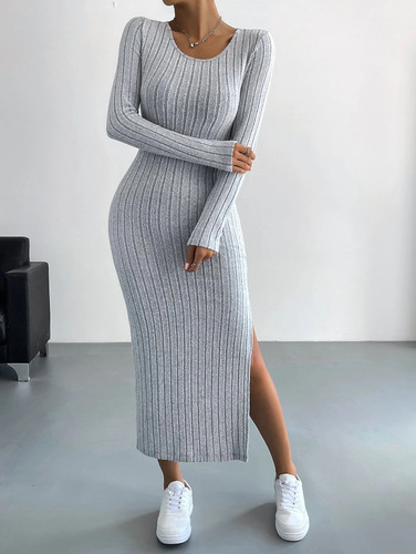 Women's Elegant and Refined Long-Sleeve Round Neck Ribbed Knit A-Line Dress with Slits - 2025 Spring and Autumn New Arrival Cross-Border Style