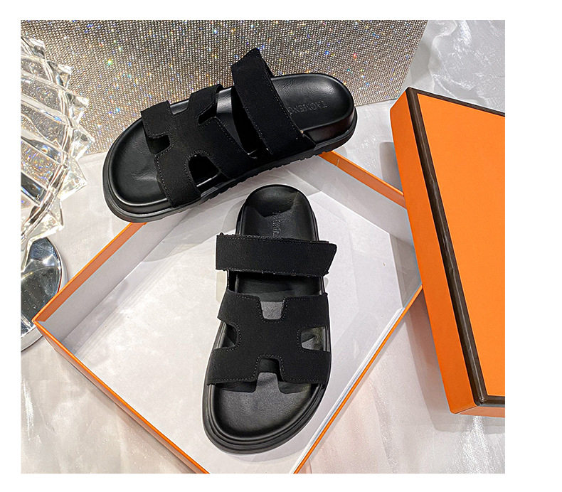Dép sandal nữ quai ngang xỏ ngón đế dày, khóa dán tiện lợi, đi ngoài mùa hè — Màu trắng, Màu đen, Xanh denim phối nâu, Xanh mực ghép Hồng chi tiết 41