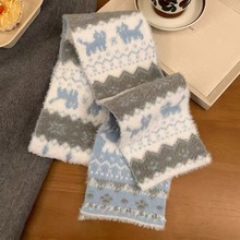 费尔岛提花可爱猫咪毛绒针织围巾女秋冬季韩系氛围感保暖护颈围脖