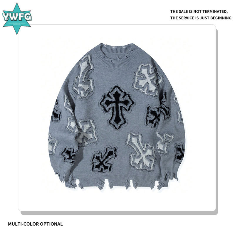 Andrei | High Street American Style Trendy Brand Fringed Sweater for Men with All-Over Printed Character Design, Loose Casual Round Neck Knitwear