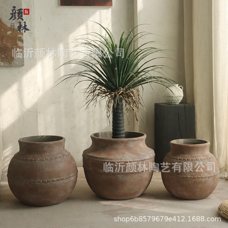 Retro manuales maceta de cemento gran vaso de estómago de textura natural Zen sala de té plantación verde ramas secas decoración floral
