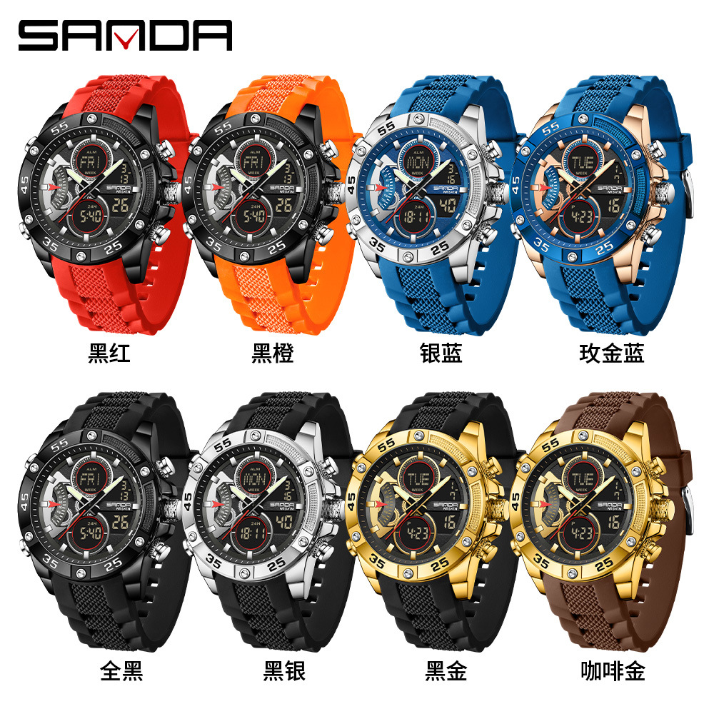 SANDA Sanda 5104 explosión de reloj de estudiante Reloj electrónico multifuncional Reloj deportivo a prueba de agua doble pantalla