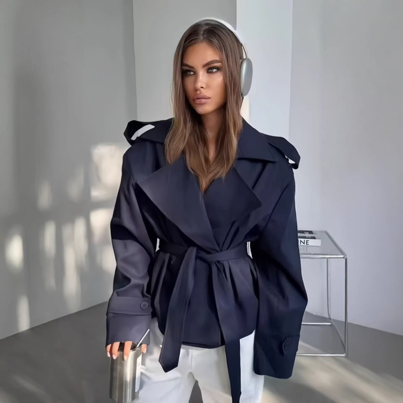 2026 In-Stock Cross-Border European and American New Fashion Stylish Wholesale Multi-Color Belt Short Trench Coat Jacket Wholesale for Women