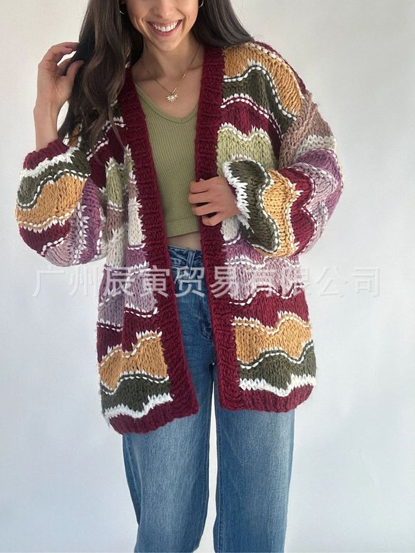 ins欧美女士秋冬季新款时尚潮流拼色波浪元素毛织开衫|undefined