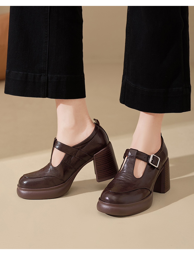 Giày Mary Jane nữ da cừu cao gót 6 cm phong cách vintage — màu nâu chi tiết 1