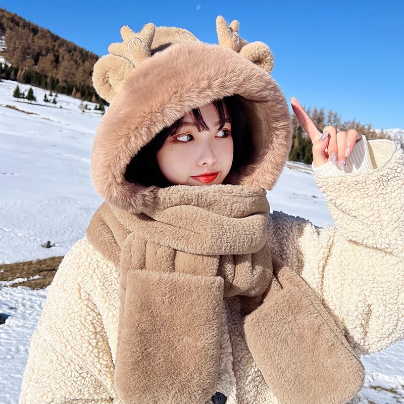 Bear hat autumn and winter women's scarf gloves integrated hooded winter scarf cute warm plush winter three-piece set