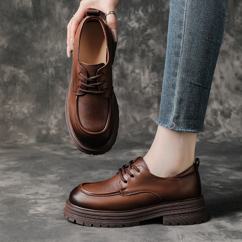 全牛皮高档复古皮鞋春秋季新款松糕厚底森系女鞋百搭系带真皮单鞋