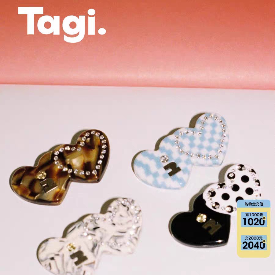 Tagi. Heart-Shaped Diamond Multi-Color Splicing Cute Hairpin Acrylic Bangs Hair Clip with Steel Stamp