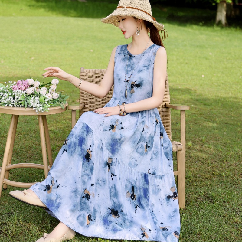 New Summer Cotton Silk dress Women's Mid-length Fashionable Foreign-style Outer Wear Artificial Cotton Floral Cotton Silk Skirt