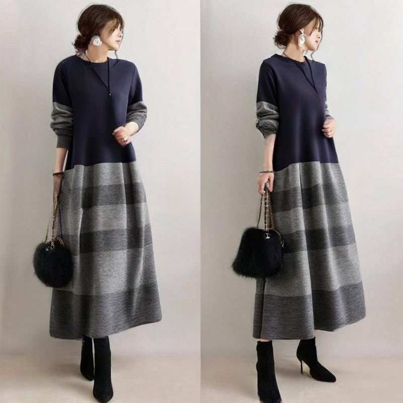 现货跨境日系2025早春时尚圆领条纹撞色长袖连衣裙