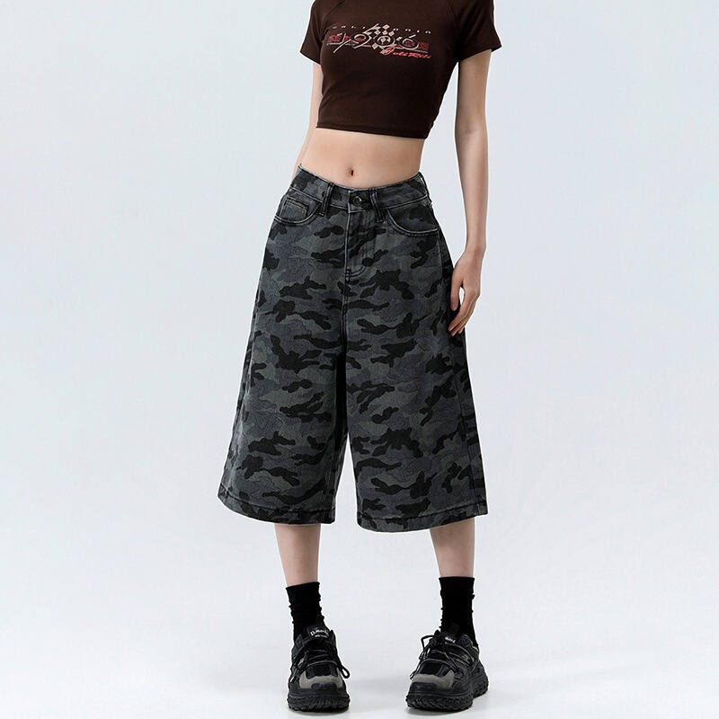 Trendy Street Style Versatile Camouflage Wide-Leg Denim Capri Pants for Women, Spring and Summer Workwear Straight-Leg Denim Capri Pants Trendy Street Style Versatile Camouflage Wide-Leg Denim Capri Pants for Women, Spring and Summer Workwear Straight-Leg Denim Capri Pants