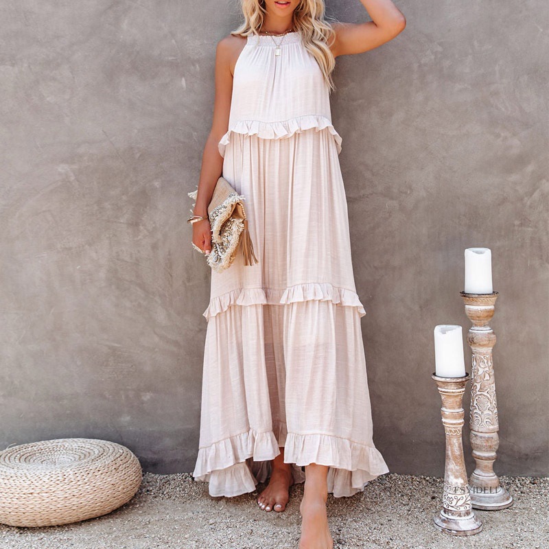 Women's Tiered Skirt Casual Boat Neck Patchwork Sleeveless Solid Color Maxi Long Dress Daily display picture 5