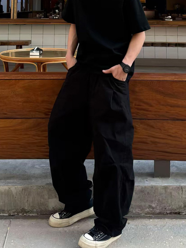 秋季男士水洗长裤宽松休闲手感棉百搭工装弯刀松紧腰直筒裤裤子潮|undefined