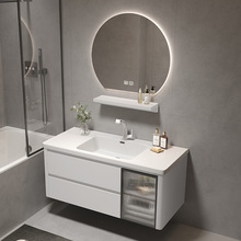 現代簡約岩石一體盆浴室櫃實木橡木衛生間白色洗漱台洗臉洗手盆櫃