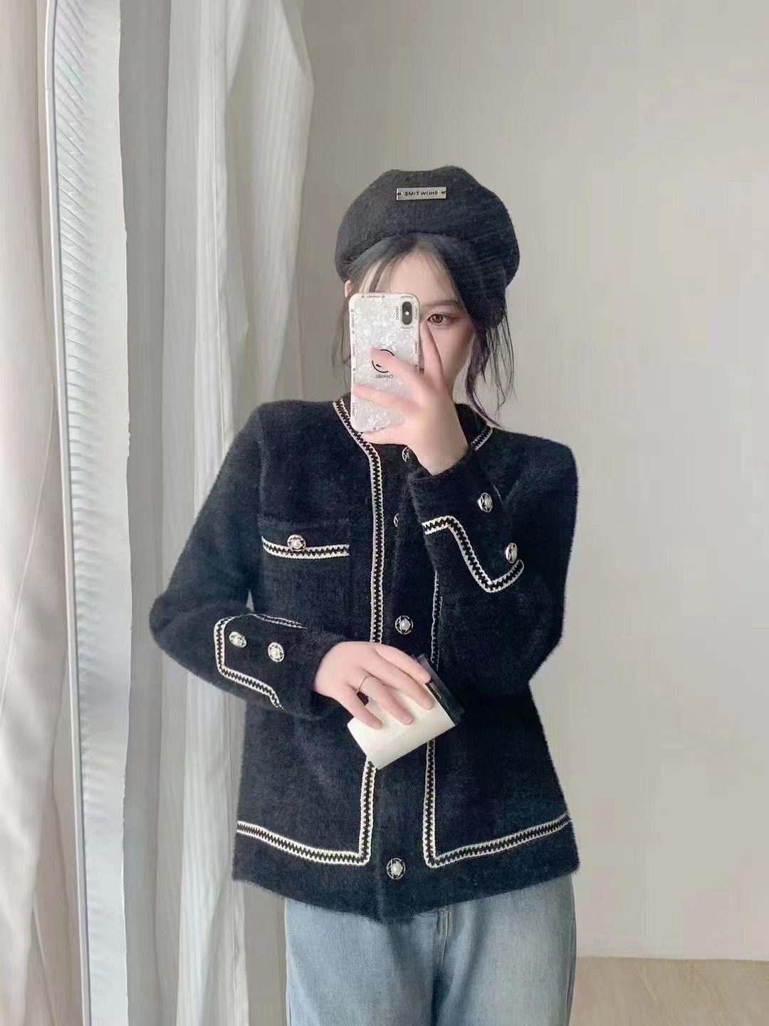 Otoño e Invierno 2023 estilo coreano nuevo estilo Chanel manga larga punto cardigan abrigo Faux visón terciopelo cuello redondo todo el Partido suéter para mujer