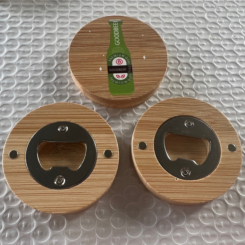 Abridor de botellas de bambú redondo etiqueta magnética refrigerador abridor de botellas de cerveza de acero inoxidable impresión en color varios personalidad gráfica image 5
