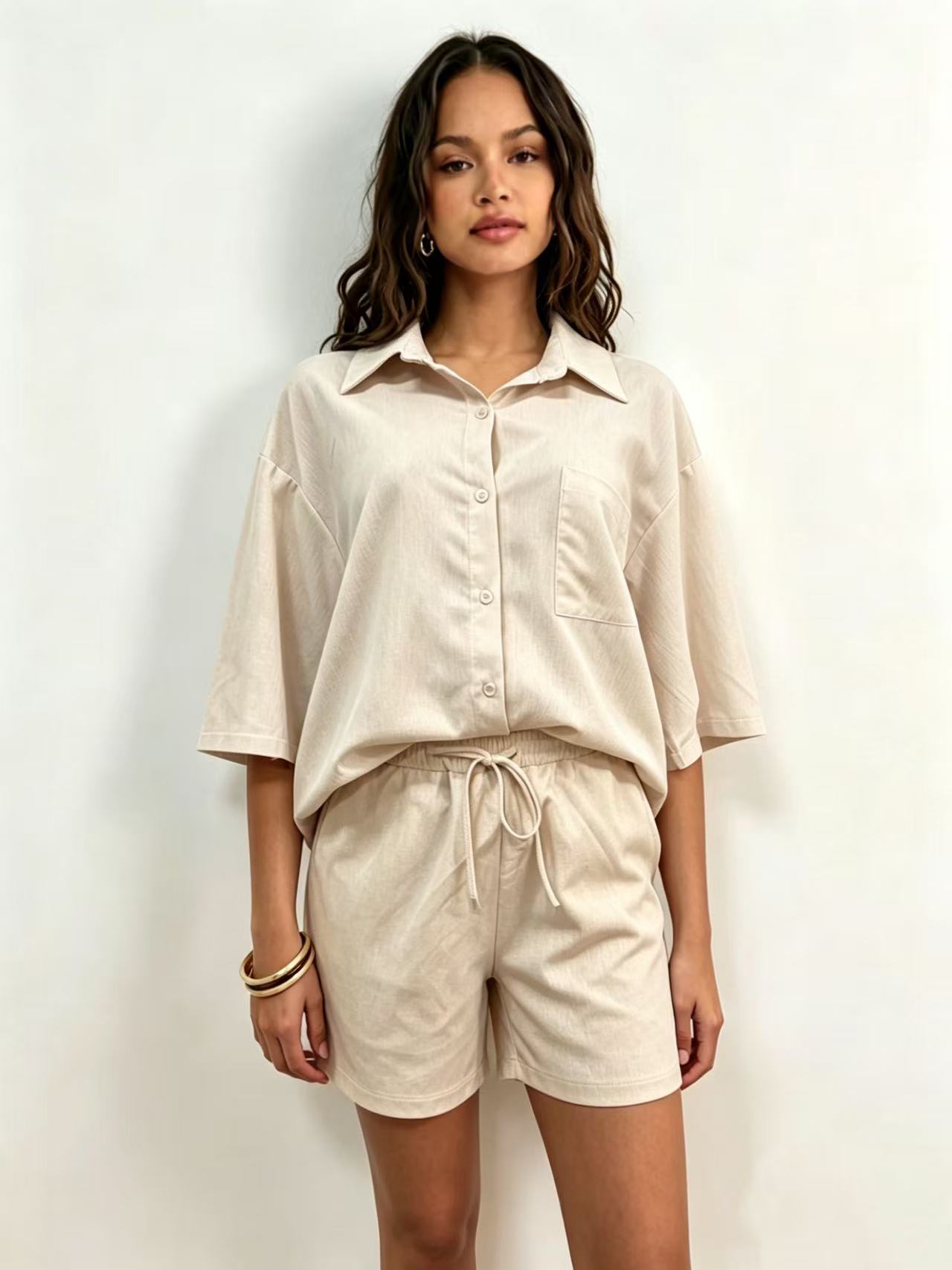 Women's Multi Color Collared Loose Fitting Shirt And Shorts Set Casual Solid Color Everyday Commuter Fashion_ecoleips.com