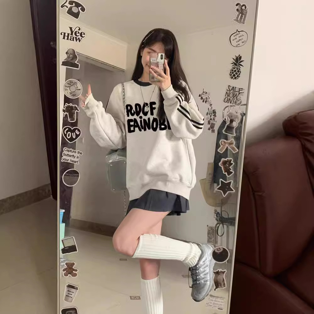 CREWNECK HATLESS THREE BAR SWEATSHIRT 여성의 봄과 가을 새로운 대형 소형 멜란지 그레이 느슨한 풀오버 탑