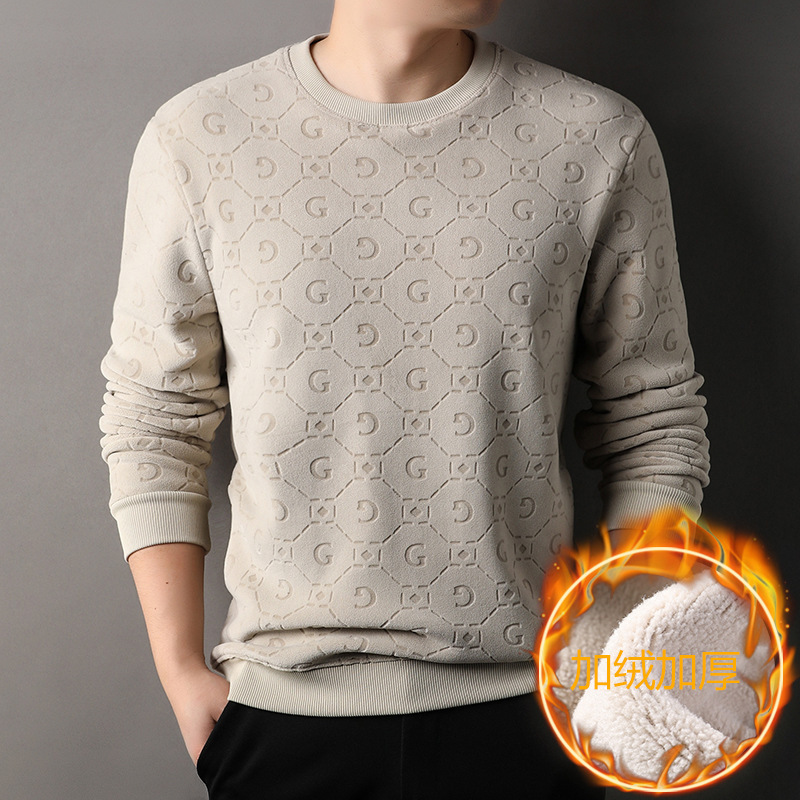 Men's Fleece Hoodie For Autumn And Winter, Simple And Versatile, Loose Round-Neck Thickened T-Shirt For Middle-Aged And_voghion.com