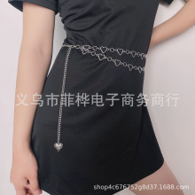 欧美跨境饰品 简约双层镂空爱心金属腰链 朋克几何流苏桃心身体链