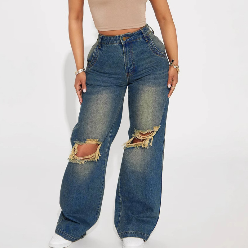 Xintang Jeans Women's 2025 New European and American Ripped Retro Street Straight Pants Abraded Washed Jeans
