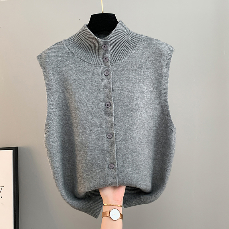 Double-Sided Vest Sweater Women's Autumn and Winter New Pure Color Half Turtleneck Twist Knitted Cardigan Vest French Loose Top