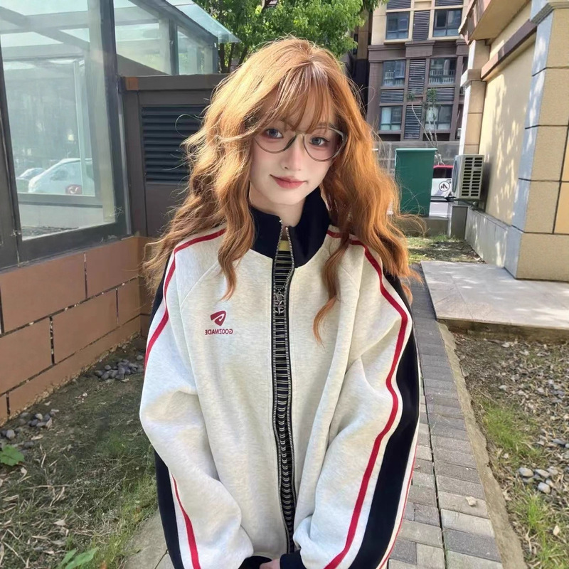 American High Street Contrasting Three-Stripe Sports Stand-Up Collar Sweatshirt Jacket for Women Spring & Fall Loose Versatile Cardigan Jacket Top