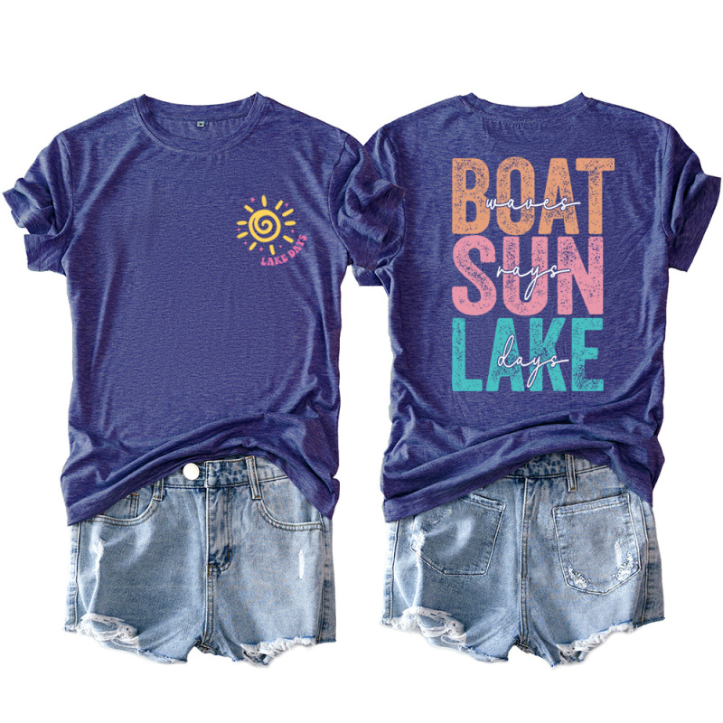 Amazon Supply Boat Sun Lake Double Picture Printed Short-Sleeved T-Shirt for Women Export Casual Loose and Versatile