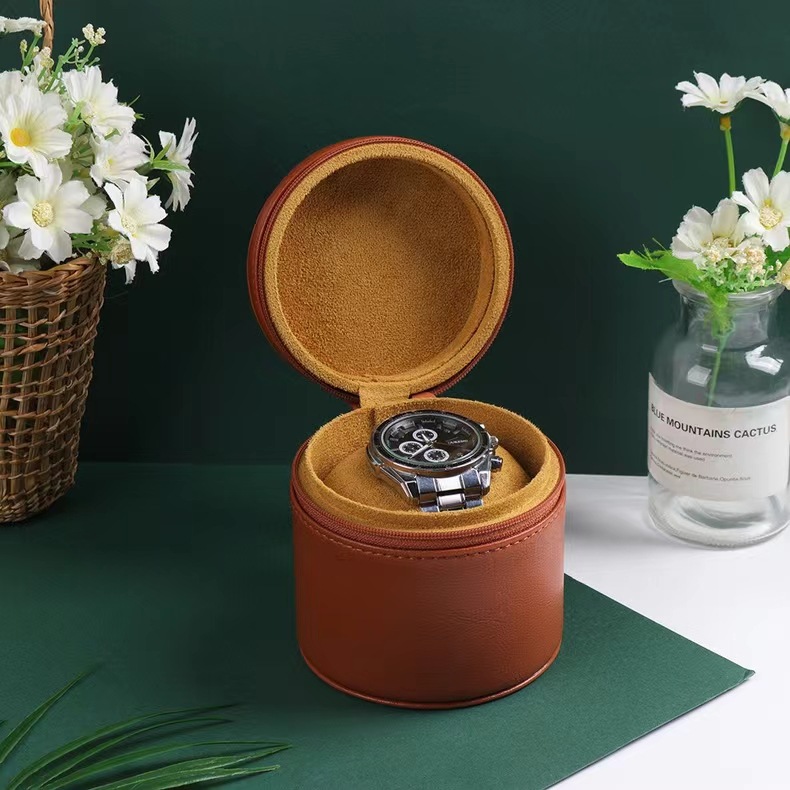 Factory round single-piece small watch box leather zipper outdoor portable couple watch storage box customization