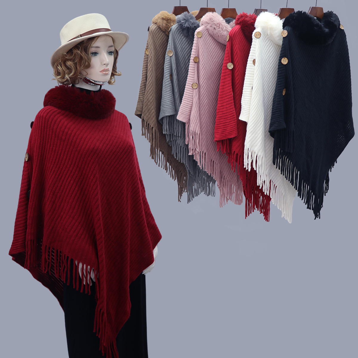 Capa de cuello de lana europea y americana transfronteriza diseño medio largo botón lateral chale de punto