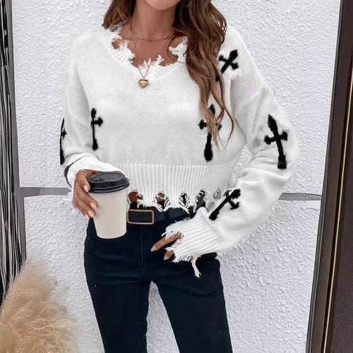 Cross-stitch hole tassel design sense trendy long-sleeved loose matchless turtleneck knitted sweater top