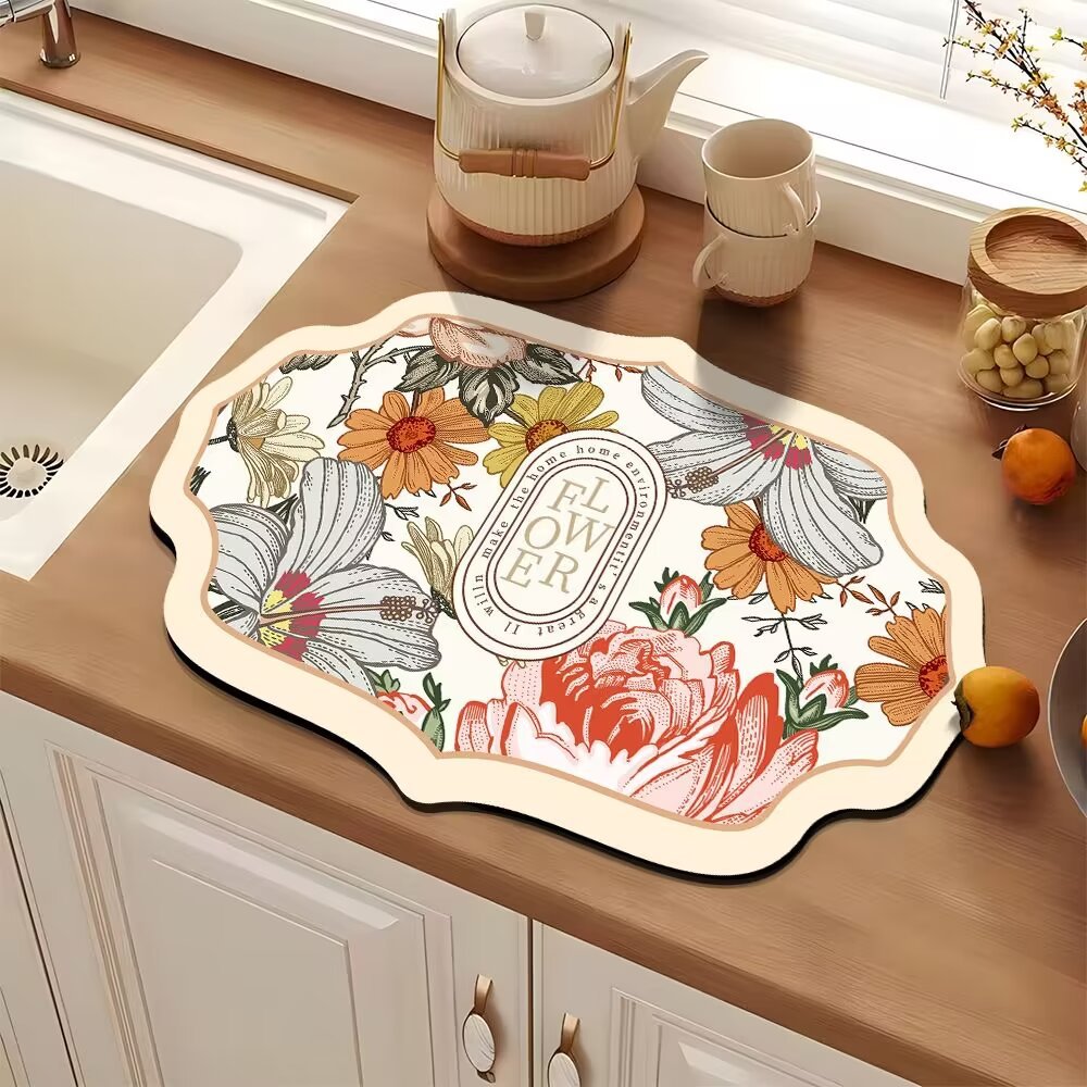美式复古花卉硅藻泥沥水垫厨房吸水速干餐桌垫家用碗盘干燥垫批发