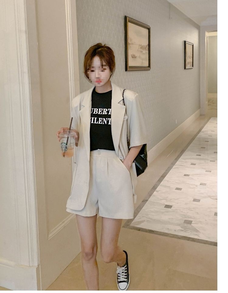 Bộ blazer nữ tay ngắn kèm quần short Hàn Quốc mỏng nhẹ mùa hè — Màu đen [Vải], Cỏ xanh [Vải], Gạo trắng [Vải], Màu hồng [Vải] chi tiết 15