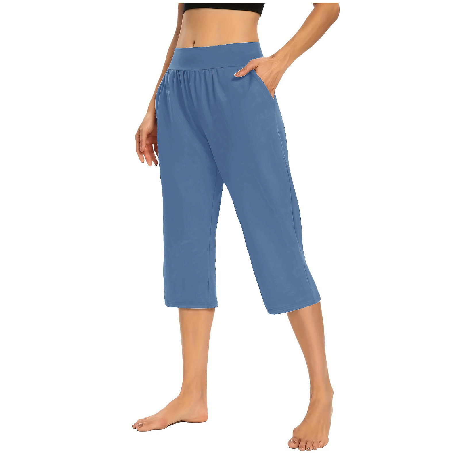 2024 Women's Solid Color Simple Loose Elastic Pocket Sports Casual Cropped Pants Large in stock