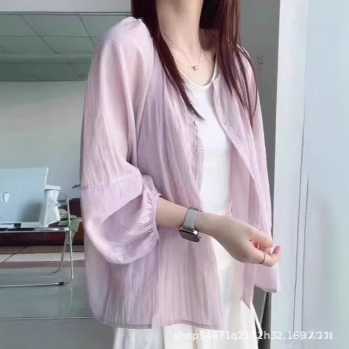 Long-Sleeved Plaid Shirt Jacket for Women, Spring and Summer Loose Casual Top, Sun Protection Clothing, Linen Shirt for Women, Ready for Delivery