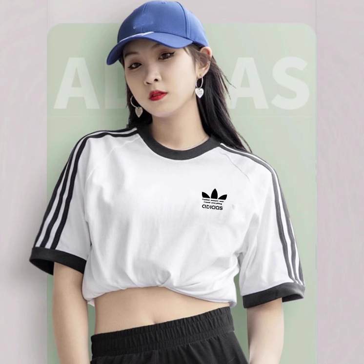ジェニーと同じスタイルのスリーストライプラウンドネックピュアコットン半袖Tシャツレディースサマーシャムロック韓国風半袖カジュアルプルオーバー|undefined
