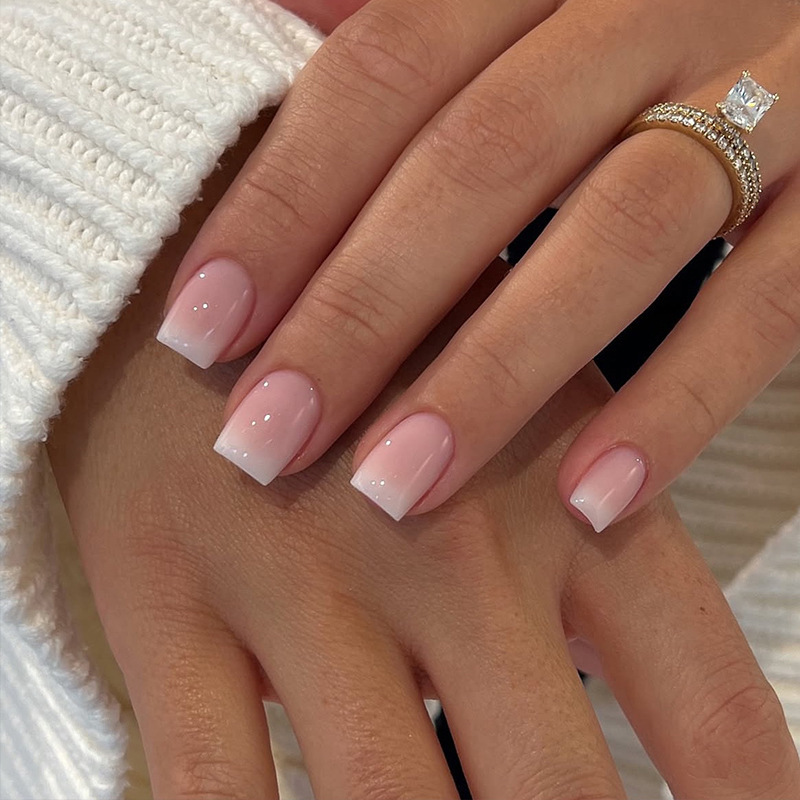 Cross-Border Hot-Selling Pink and White French Gradient Wearable Nails, 24 Pieces, Square, Detachable, Wholesale Cross-Border Hot-Selling Pink and White French Gradient Wearable Nails, 24 Pieces, Square, Detachable, Wholesale