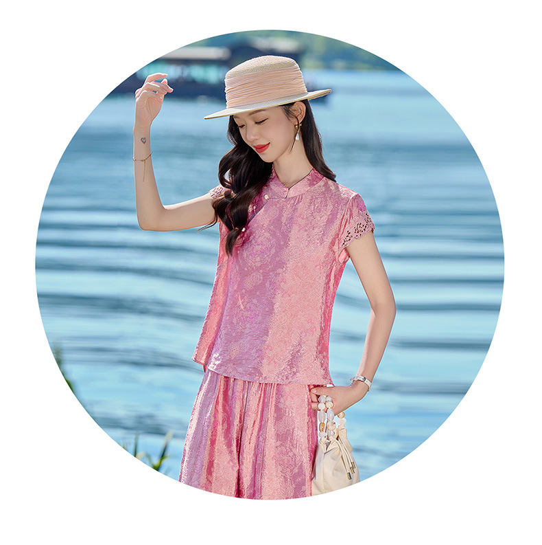 Bộ đầm maxi thắt eo họa tiết hoa nổi cổ điển phong cách Tân Trung Hoa — Hồng chi tiết 3