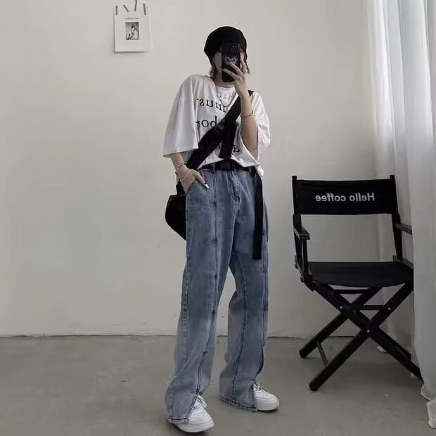 High Street Vibe Gradient Jeans Girl's Retro Split Straight Wide Leg Pants Loose Slimming Pants Ins Trendy