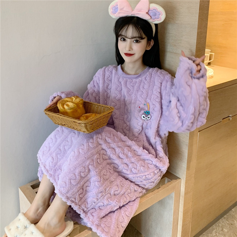 睡裙女冬甜美可爱卡通大码法兰绒秋冬季珊瑚绒睡衣长款加厚家居服