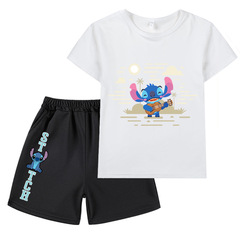 獨立站卡通印花Stitch 史迪奇兒童圓領春夏薄款短袖T恤+短褲套裝